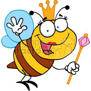 Brown and yellow queen bee wearing a crown holding a wand and waving