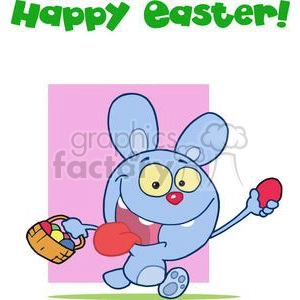 Blue easter bunny running with a basket of eggs with happy easter sign in green