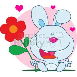 The clipart image features a cute, funny cartoon rabbit holding a red flower. The rabbit appears cheerful and is depicted sitting against a pink background with hearts floating above, indicating a theme of love or happiness.
