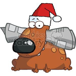 The clipart image features a cartoon dog with a humorous expression. The dog is brown with spots and is wearing a red Santa hat, suggesting a holiday theme. It has large, round eyes and a black nose, with its tongue sticking out of its mouth. The character appears to be holding something in its mouth, potentially a newspaper.
