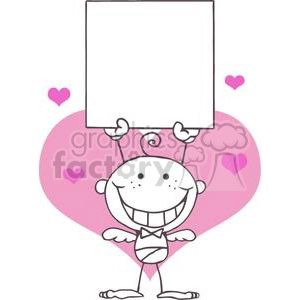 Cartoon Stick Cupid with Blank Banner In Front of A Light Pink Heart