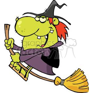 Happy Green Witch With Red Hair Rides Broom