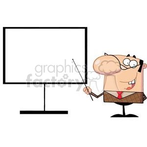 The clipart image features a cartoon-style drawing of a funny-looking male character giving a presentation. He is holding a pointer in his hand and gesturing towards a blank presentation board or flip chart. The character has exaggerated facial features, with large eyes, eyeglasses, a smiling mouth, a prominent nose, and he appears to be balding with hair sticking out on the sides. He is dressed in a suit with a tie, suggesting a professional or educational setting.