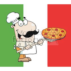 Fast-Food Gallant Chef Inserting A Pepperoni Pizza In Front Of Flag Of Italy