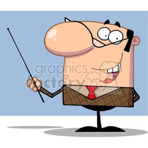The clipart image features a cartoon character that appears to be a teacher or presenter. The character has a large, exaggerated head with a prominent chin, big round eyes with glasses, and a small tuft of hair. The character is wearing a brown patterned sweater vest over a white shirt with a red tie, and is holding a pointing stick or rod. The background is a simple, light blue which suggests a neutral space, likely for focus on the character.