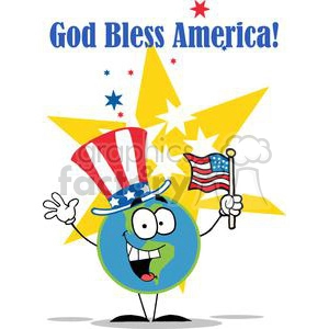 A Globe Cartoon Character with American Patriotic Hat And Flag With Red Blue White And Yellow Stars In Background