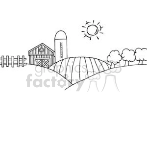 The image is a black and white line drawing of a pastoral farm scene. It includes a barn, a silo, sections of a picket fence, rolling fields represented by curved lines suggesting plowed land, trees, and a radiant sun in the sky.