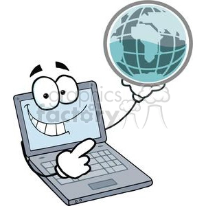 Laptop Cartoon Character Holding A Globe