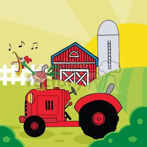 Country Farm Scene With Rooster Crowing Of The Rising Sun In Vintage Tractor