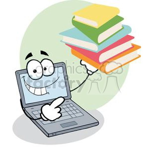 Laptop Cartoon Character Displays Pile Of Books