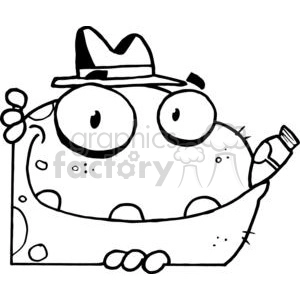 The image is a black and white clipart of a cartoonish, comical frog. The frog has large, bulging eyes and a prominent, round body dotted with spots. It's wearing a fedora hat and has a cigar in its mouth, suggesting a playful take on a classic tough guy or detective character from old noir films. The frog is also holding a thin cane or stick with leaves in one hand, adding to its eccentric, whimsical appearance.