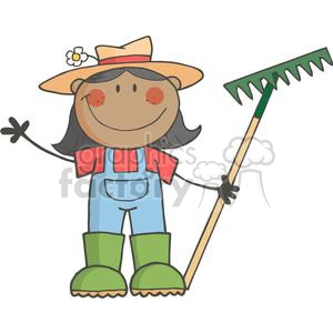 2508-Royalty-Free-Stick-Figure-African-American-Gardening-Girl-Waving-A-Greeting