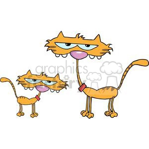 The clipart image depicts two comical cartoon cats with exaggerated features. Both cats have orange fur with stripes, prominent whiskers, and large blue eyes. The first cat appears to be standing on all fours with a pink nose and a collar around its neck, looking slightly disgruntled. The second cat is standing upright on its hind legs with a long neck stretching upwards, also featuring a pink nose and looking a bit dazed or silly.