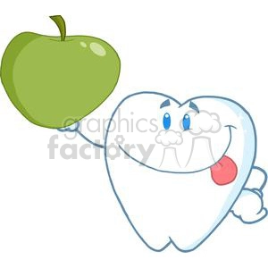 2982-Smiling-Tooth-Cartoon-Character-Holding-Up-A-Green-Apple