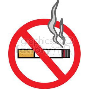 This clipart image illustrates a No Smoking sign, which includes the common symbol of a red circle with a diagonal line overlaid on a cigarette emitting smoke. The cigarette is depicted in a cartoon-like style with details such as the filter and the burning end.