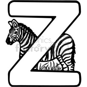 The image is a black and white clipart that features the letter Z with the illustration of a zebra incorporated into the design. The zebra is stylized to fit the shape of the letter Z, with the head positioned at the top and its body and stripes following the diagonal and bottom lines of the letter.