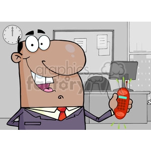 This clipart image features a comical representation of a man in an office environment. He's wearing a suit with a tie, and he has a very large and exaggerated smile on his face, indicating he might be a salesman or someone in a customer service role. In his hand, he is holding an oversized, bright red, cartoonish phone that seems to be emitting green signal lines, suggesting that it is ringing or in use. The office background is quite simple, with a clock on the wall showing the time, a couple of framed documents, a desk with a computer monitor, and a window with light coming through.
