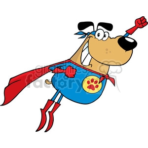 The clipart image features a humorous and comical depiction of a flying superhero dog. The dog is dressed in a blue suit with a paw print emblem on its chest, a flowing red cape tied around its neck, and wearing a pair of red superhero boots. The dog's right arm is extended forward in a classic superhero pose, and it has a determined and cheerful facial expression with a tongue out, suggesting that it's on a fun-filled heroic mission.
