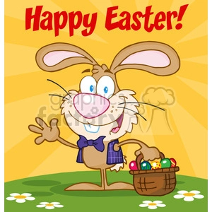 Royalty-Free-RF-Copyright-Safe-Happy-Easter-Text-Above-A-Waving-Bunny-With-Easter-Eggs-And-Basket