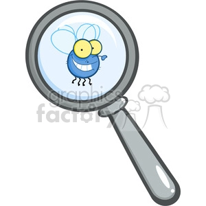 The clipart image features a magnifying glass with a whimsical, exaggerated character of a fly viewed through the glass. The fly looks funny and silly, with oversized, circular eyes and a big grin, which adds a comical touch to the drawing.