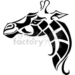 The image is a stylized black and white outline of a giraffe's head and neck. It has been designed in a way that it could be used for vinyl decals or as a tattoo design. The giraffe is represented in a tribal art style with shapes forming patterns on its neck.