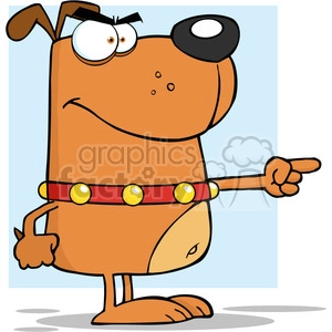 The image features a cartoon illustration of a dog with an exaggerated comical expression. The dog appears to be standing upright and has a prominent unibrow. It is pointing with its right paw as if indicating something or making a point. The dog has a red collar with yellow spots.