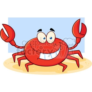 The image is a colorful clipart illustration of a red crab. This cheerful crab is depicted with a big smile, large, expressive eyes, and raised claws. The crab is situated on a sandy patch with a light blue background which could represent the sky.