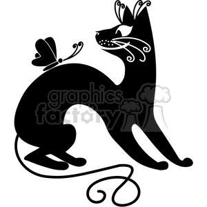 The image is a black and white clipart design featuring a stylized black cat with decorative detailing, and a butterfly perched on its tail. It's an artistic, flat illustration with a whimsical and elegant appearance, suitable for a variety of design purposes.
