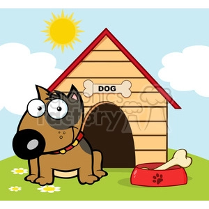 The image is a colorful and cartoonish clipart featuring a brown dog with a red collar sitting outside next to its doghouse, which has a bone-shaped nameplate with the word DOG on it. The background shows a sunny day with a bright yellow sun in the sky and a couple of clouds. There are daisies on the ground near the dog. Beside the doghouse, there's a red dish with a bone in it, suggesting it's the dog's food bowl.