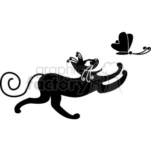 The clipart image depicts a stylized silhouette of a playful black cat reaching out towards a black and white butterfly. The cat's body is elongated with swirls and decorative elements, emphasizing motion and activity. The butterfly, also rendered in black and white, mirrors the cat's playful energy with its outstretched wings.