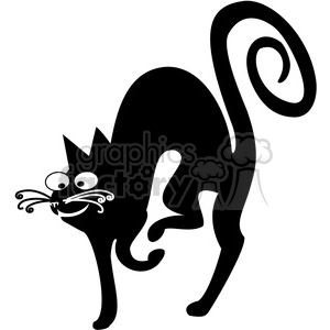 This is a black-and-white clipart image of a stylized black cat. It features a simplified cartoon-like representation of a cat in a frightened or startled pose, with an arched back and extended claws. The cat's eyes are wide open, and its whiskers are prominent.