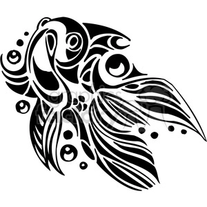 This image depicts a stylized fish with tribal tattoo design elements. The black and white design features swirls and abstract patterns, which are common in tribal art, with clear fish characteristics such as fins and scales.