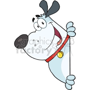 The clipart image depicts a cartoon dog with exaggerated features for a humorous effect. The dog appears to be white with blue details, a large black nose, and big, wide eyes that give it a surprised or goofy expression. It's wearing a red collar with a yellow tag and is pulling back on the collar with one paw, making its ears and face stretch in a comical way. Its mouth is open as if it's smiling or panting, adding to the playful and silly portrayal.