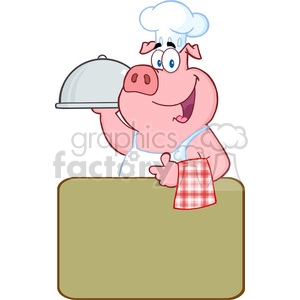 Happy Pig Chef Holding A Platter Over A Blank Sign