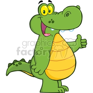 This is an image of a cartoon alligator. The alligator is green with a large, round, yellow belly. It has big, bulging yellow eyes with black pupils, and it is grinning with its tongue sticking out, which provides a comical look. Additionally, there are tears by its eyes, suggesting it may be crying either from happiness or laughter. The alligator's pose, with one hand on its hip and the other giving a thumbs-up signal, adds to the funny and lighthearted feel of the clipart.