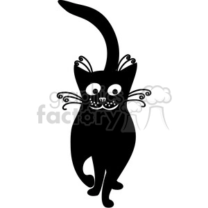 This image depicts a stylized black cat with decorative swirls on its tail and whiskers, and it has large white eyes, giving it a very playful and whimsical appearance commonly used in cartoon-like illustrations.