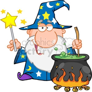 Royalty Free Funny Wizard Waving With Magic Wand And Preparing A Potion