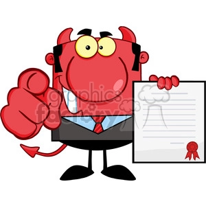 Royalty Free Smiling Devil Boss Holds Up A Contract And Hand Pointing Finger