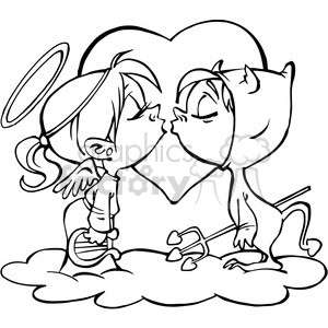 The clipart image depicts a black and white drawing of an angel and devil kissing, with a small heart between them. The image portrays the idea of harmony and love between opposites, such as good and evil. It has a humorous and cute tone, and it's suitable for Valentine's Day or other romantic occasions. The concept of heaven, angels, and religion are also present in the image. The keywords boyfriend, husband, lover, and girlfriend suggest that the image can be used to represent a romantic relationship or love interest.
