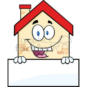 6460 Royalty Free Clip Art Happy House Cartoon Mascot Character Over Blank Sign