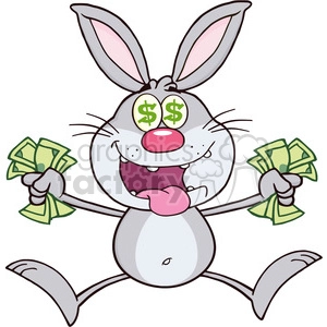 Royalty Free RF Clipart Illustration Rich Gray Rabbit Cartoon Character Jumping With Cash