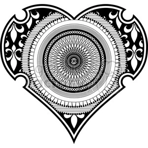 The image is a black and white illustration of a heart that incorporates spirograph and tattoo design elements. The heart is adorned with intricate patterns featuring concentric circles, floral motifs, and ornate detailing typical of spirograph art. It has a symmetrical outline with decorative extensions on both sides.