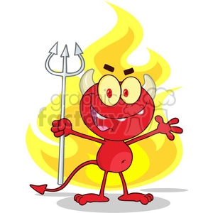 6824 Royalty Free Clip Art Cute Little Red Devil With A Pitchfork In Front Fire