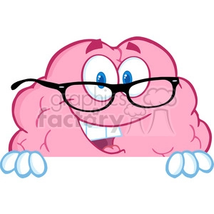 5854 Royalty Free Clip Art Smiling Brain Character With Glasses Over A Blank Sign