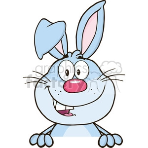 This cartoon shows a cute blue rabbit mascot character over a blank sign. The rabbit has a red nose and defined whiskers 
