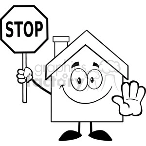 6471 Royalty Free Clip Art Black and White House Cartoon Character Holding A Stop Sign