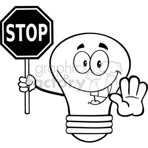 6141 Royalty Free Clip Art Light Bulb Cartoon Character Holding A Stop Sign