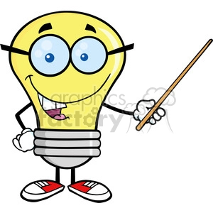 6094 Royalty Free Clip Art Light Bulb Character With Glasses Holding A Pointer