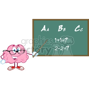 5817 Royalty Free Clip Art Smiling Brain Teacher Character With A Pointer In Front Of Chalkboard With Text ABC