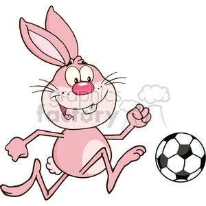 Royalty Free RF Clipart Illustration Cute Pink Rabbit Cartoon Character Playing With Soccer Ball